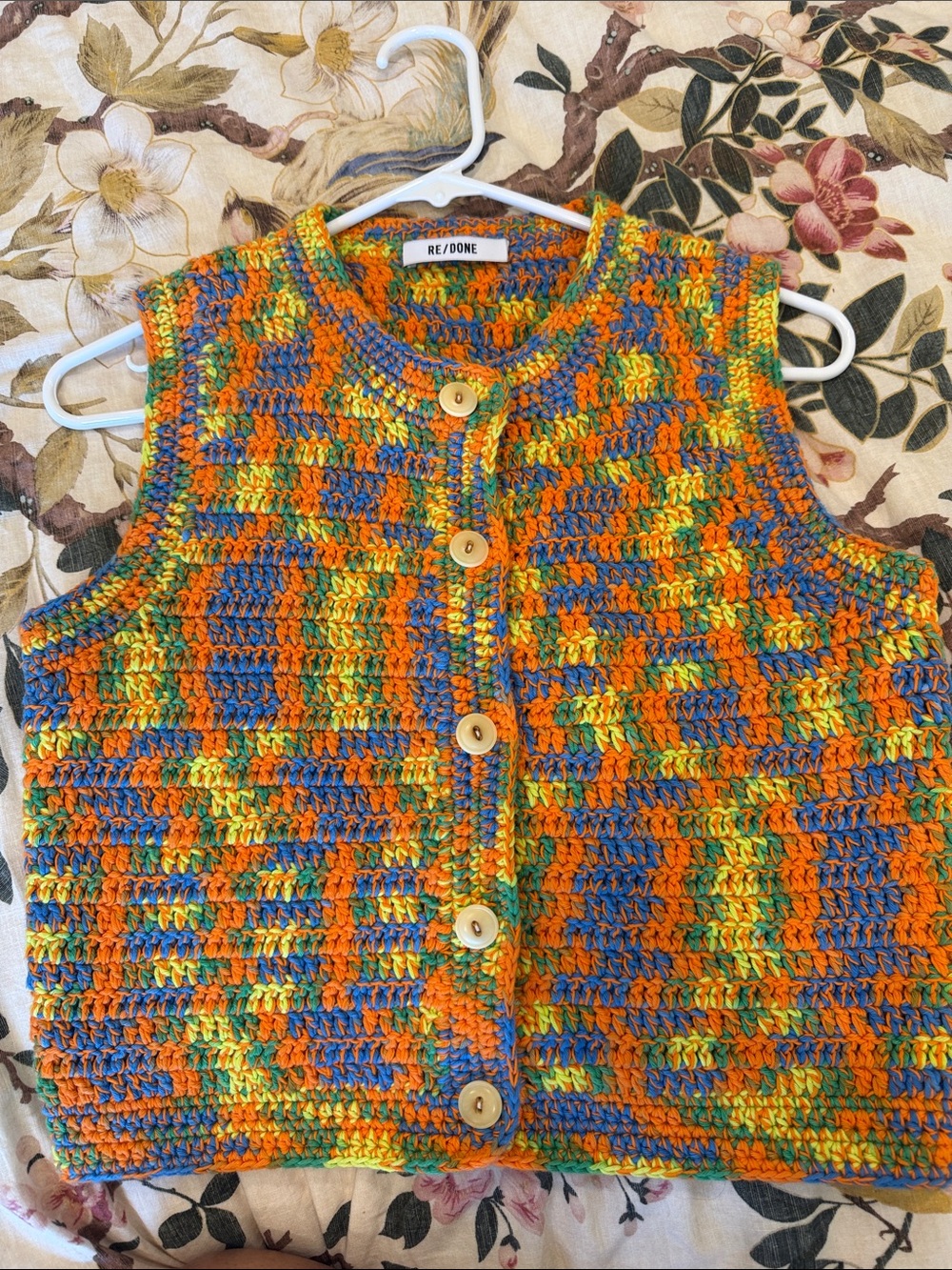 Re/Done 90’s Multicolor Crochet Button Vest in Orange, Blue & Yellow